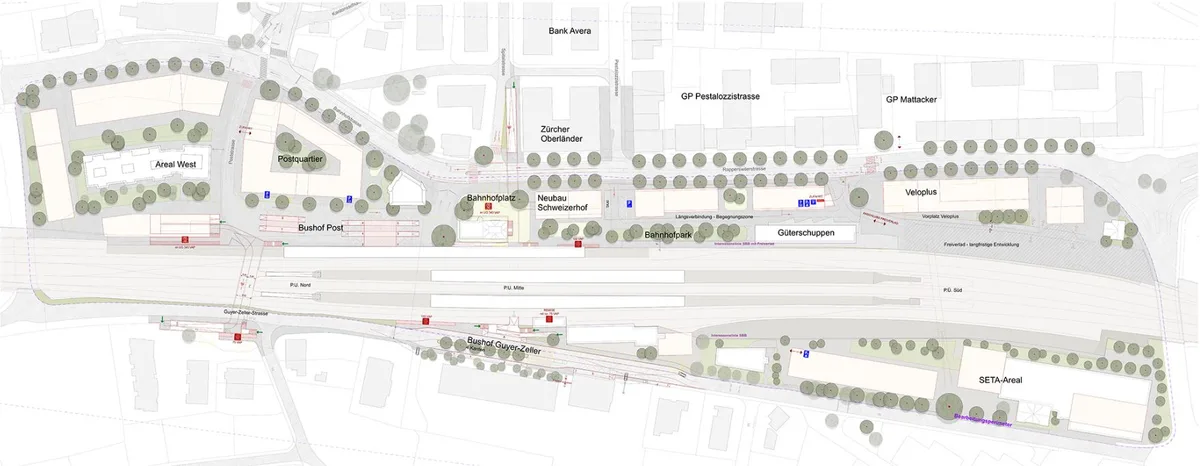 Dieser Plan aus dem Jahr 2024 zeigt gut die Lage der drei Gestaltungsplangebiete (GP) Pestalozzistrasse, Mattacker sowie, südlich der Bahngeleise, Seta. 